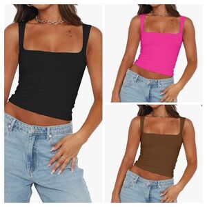 Abardsion 3 Women’s Sexy Crop Top Square Neck Sleeveless Double Layer Tank Tops